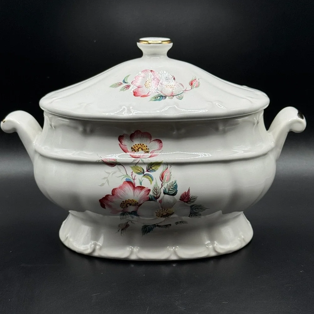 House of Webster Briar Rose Soup Tureen with Lid Cottage Gold Trim White Ceramic